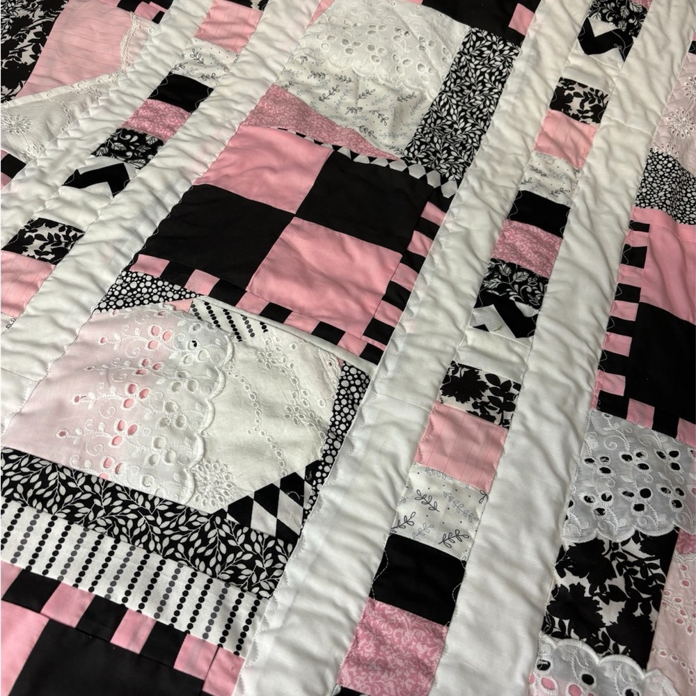 Baby or lap quilt. 36”x39” approx. pink white black and lace - Picture 2 of 14